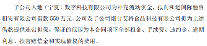 大地牧业子公司大地(宁夏)数字科技有限公司拟向和运国际融资租赁有限借款550万提供连带担保
