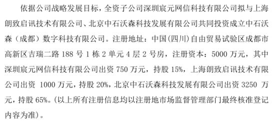 京弘全全资子公司深圳宸元网信科技拟投资750万成立中石沃森（成都）数字科技有限公司持股15%
